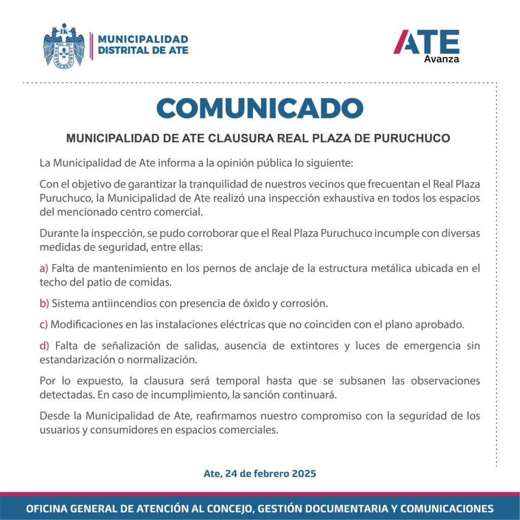 La Municipalidad de Ate ordenó este lunes la clausura temporal del centro comercial Real Plaza de Puruchuco